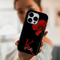 Monogrammed Single Red Poppy on Black 