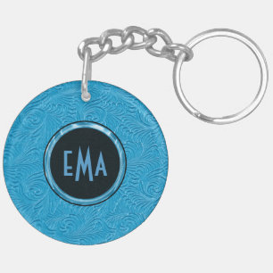 Monogrammed Sky Blue Embossed Floral Pattern Keychain