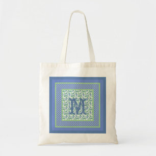 Monogrammed Snowdrops and Polka Dots Blue, Green Tote Bag