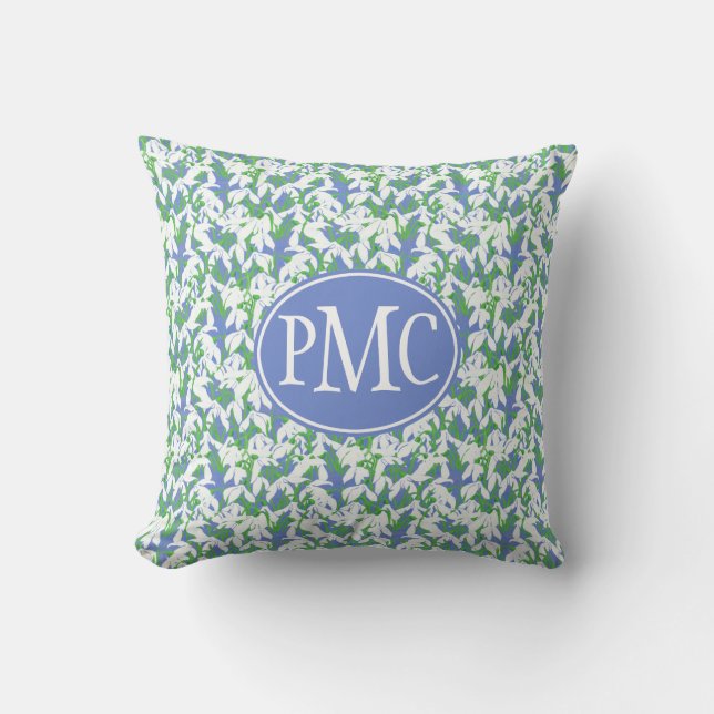 Monogrammed Snowdrops Pattern on Blue Throw Pillow (Front)