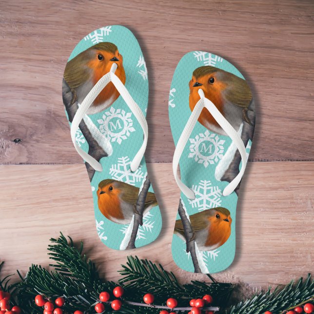Monogrammed Snowflake Robin Bird Christmas in July Flip Flops (Perfect for Christmas in July (and the one in December))