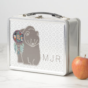 Monogrammed Spirit Bear Native American Brown Lunc Metal Lunch Box