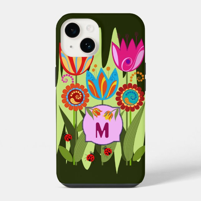 Monogrammed Spring with tulips iPhone Case (Back)