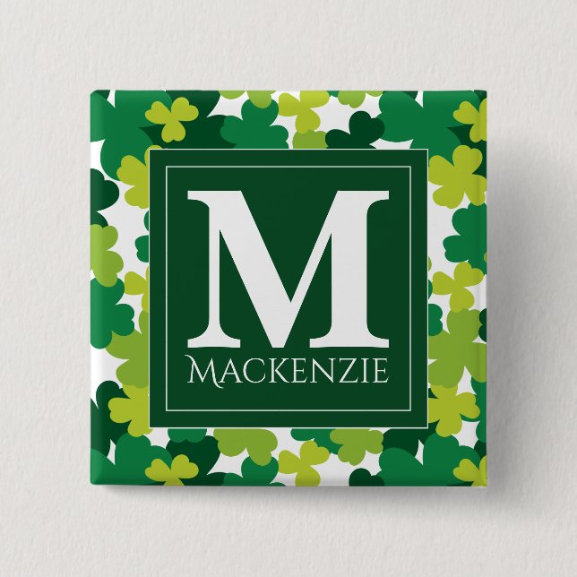 Monogrammed St. Patrick's Day Shamrocks 2 Inch Square Button (Front)