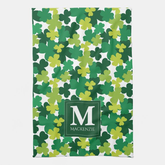 Monogrammed St. Patrick's Day Shamrocks Kitchen Towel (Vertical)