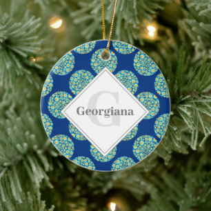 Monogrammed Starry Night On Sea Doodle Polka Dots Ceramic Ornament