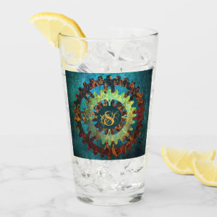 Monogrammed Steampunk Verdigris Rusty Cogwheel Glass