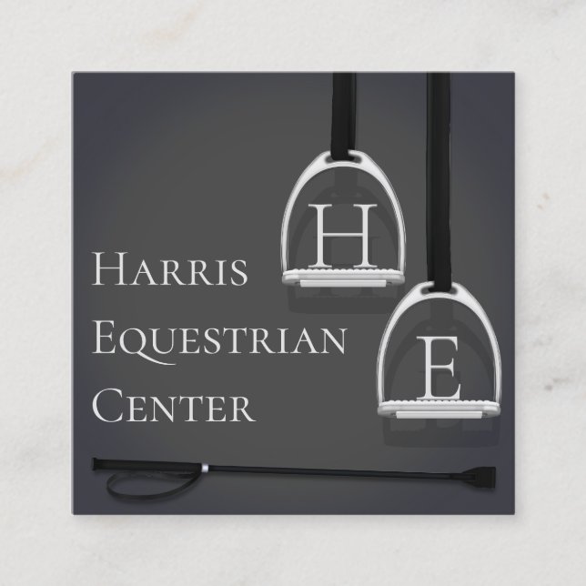 Monogrammed Stirrup Irons Dark Grey Equestrian Square Business Card (Front)