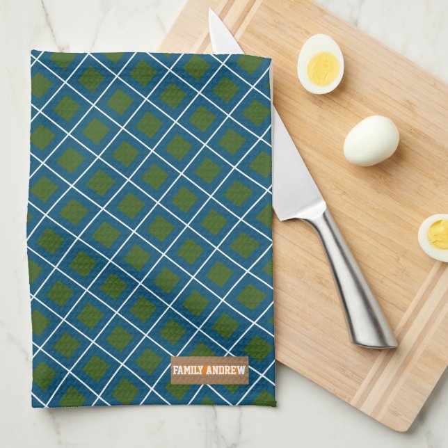 Monogrammed stylish diamond pattern blue family kitchen towel (Quarter Fold)