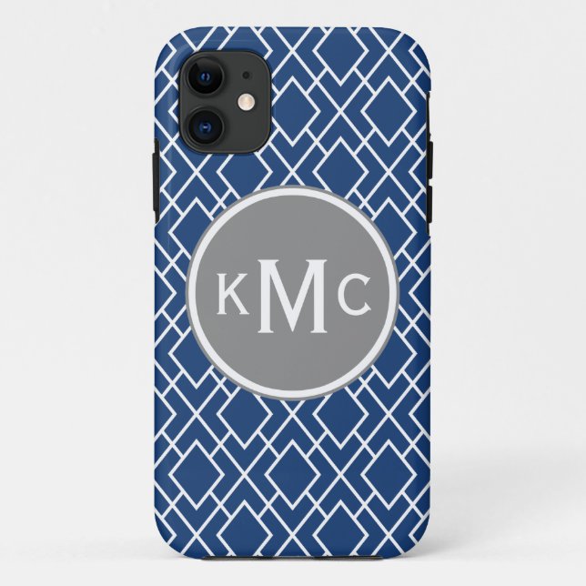 Monogrammed Stylish Navy Blue Diamond Pattern Case-Mate iPhone Case (Back)