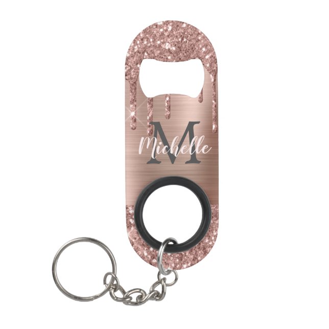 Monogrammed Stylish Rose Gold Glitter Drips  Keychain Bottle Opener (Front)