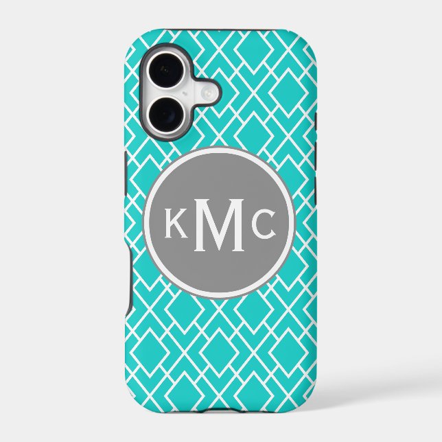 Monogrammed Stylish Teal Blue Diamond Pattern (Back)