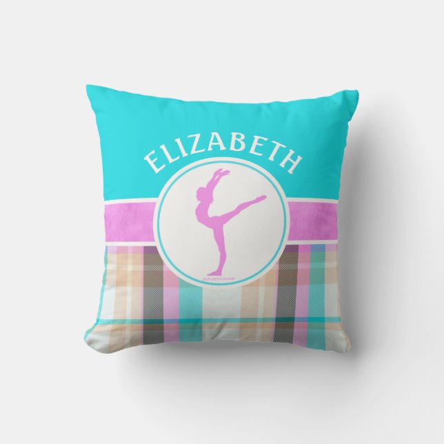 Monogrammed Summer Tartan Gymnastics Golly Girls Throw Pillow (Front)