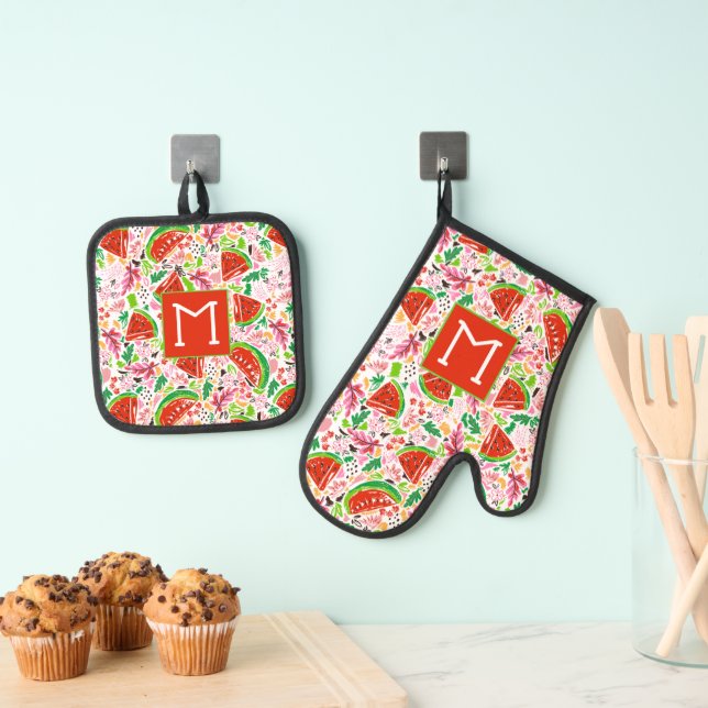 Monogrammed Summer Watermelon Fruit Pattern Oven Mitt & Pot Holder Set (Insitu(Hanging))