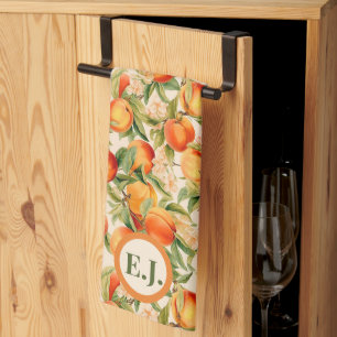 Monogrammed Summertime Peaches, Peach Themed  Kitchen Towel