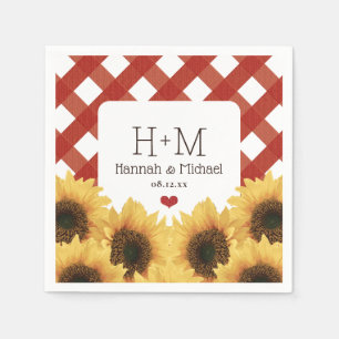 Monogrammed Sunflower and Red Gingham Wedding Napkin