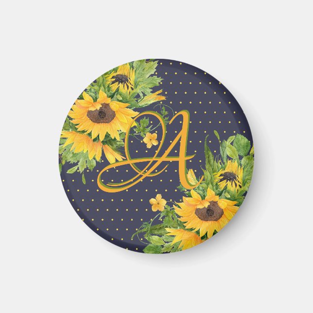 Monogrammed Sunflowers Navy Blue Yellow Decor Magnet (Front)