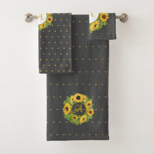 Monogrammed Sunflowers Polkadots Yellow Dark Grey Bath Towel Set