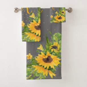 Monogrammed Sunflowers Yellow Grey Decor Bath Towel Set