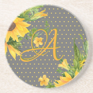 Monogrammed Sunflowers Yellow Grey Decor Coaster
