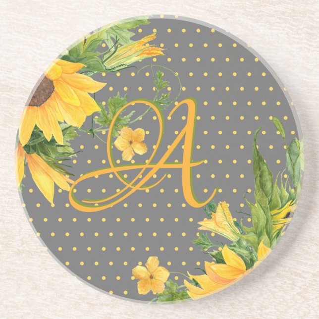 Monogrammed Sunflowers Yellow Grey Decor Coaster (Front)