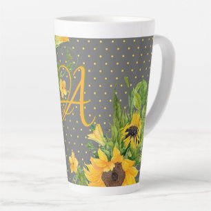 Monogrammed Sunflowers Yellow Grey Decor Latte Mug