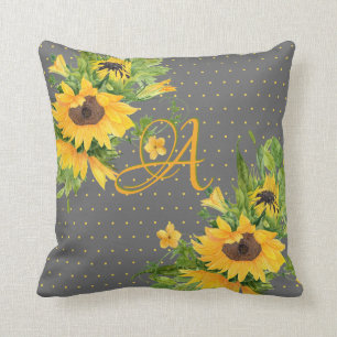 Monogrammed Sunflowers Yellow Grey Decor Throw Pillow