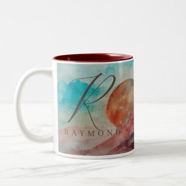 Monogrammed Sunny Clouds and Desert Landscape Two-Tone Coffee Mug (Left)