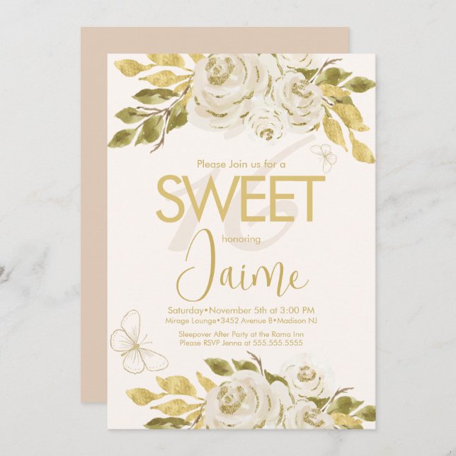 Monogrammed Sweet 16 Ivory Rose Pink Florals Invitation (Front/Back)