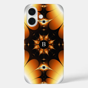 Monogrammed Symmetrical Black and Orange Fractal iPhone 16 Case