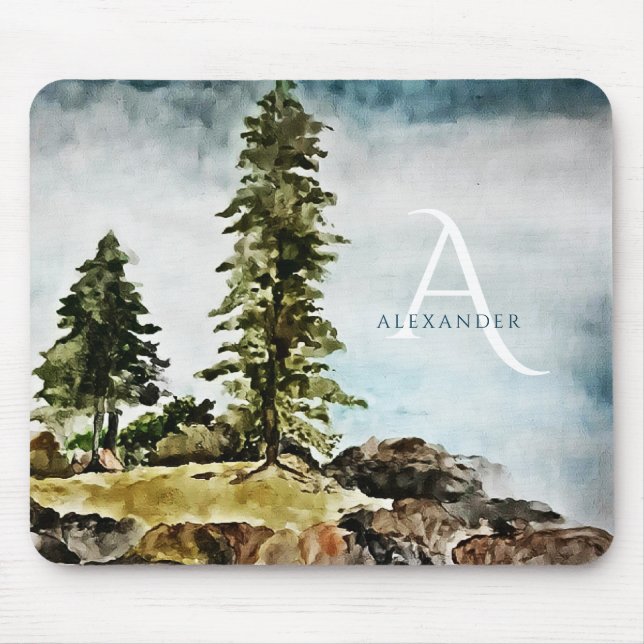Monogrammed Tahoe Lake Watercolor Landscape Mouse Pad (Front)