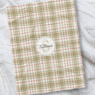 Monogrammed Tan and Red Plaid Rustic Pattern Cozy Fleece Blanket