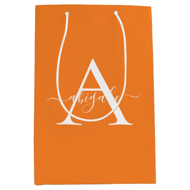 Monogrammed Tangerine Orange | Minimalist Elegant Medium Gift Bag (Front)