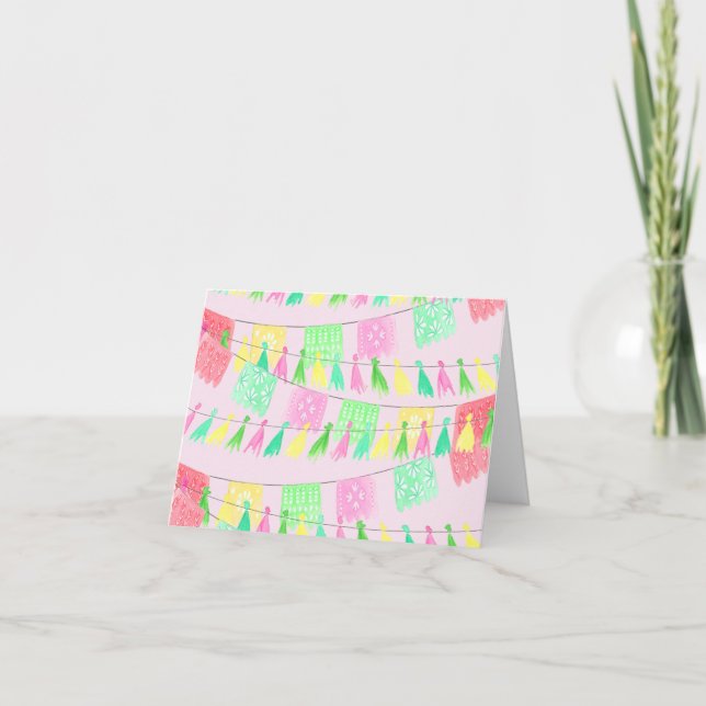 Monogrammed Tassel Papel Picado Pink Green Fiesta Thank You Card (Front)