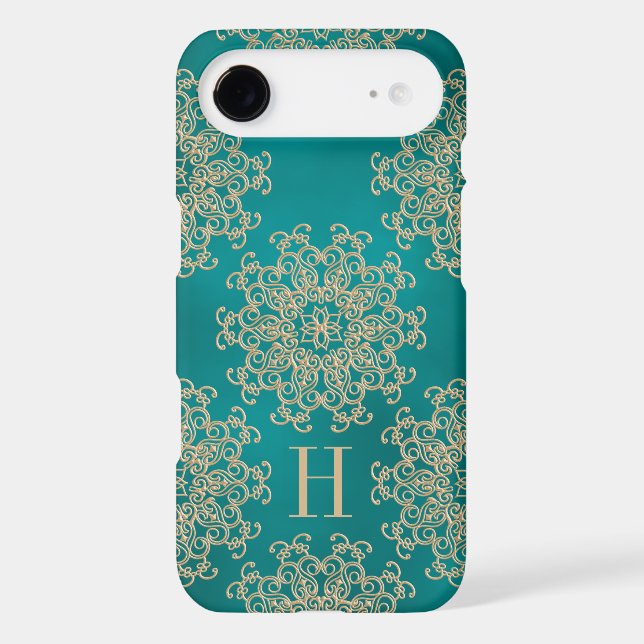 Monogrammed Teal and Gold Exotic Medallion Case-Mate iPhone Case (Back)