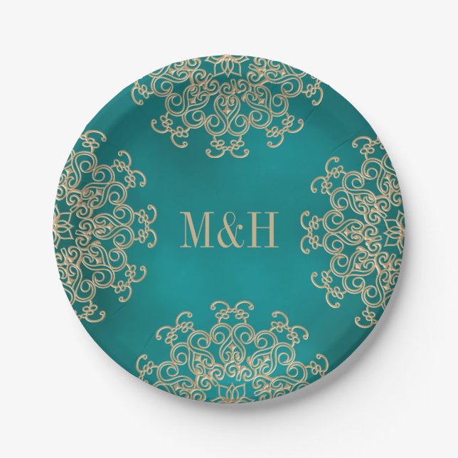 Monogrammed Teal and Gold Indian Style Wedding Paper Plate (Front)