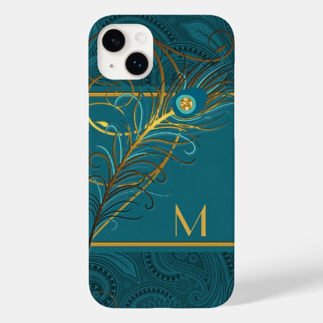 Monogrammed Teal and Gold Peacock Theme Case-Mate iPhone Case (Back)