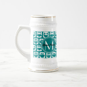 Monogrammed Teal and White Owls Beer Stein