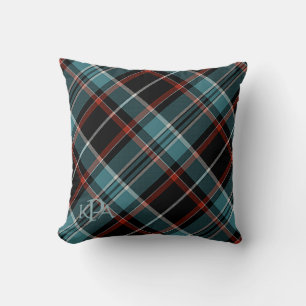 Monogrammed Teal, Black & Red Plaid Throw Pillow
