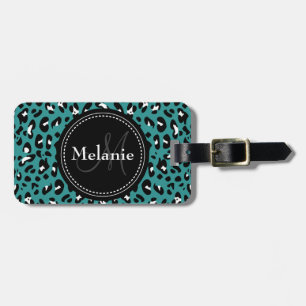 Monogrammed Teal Black White Leopard Pattern Luggage Tag