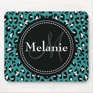 Monogrammed Teal Black White Leopard Pattern Mouse Pad
