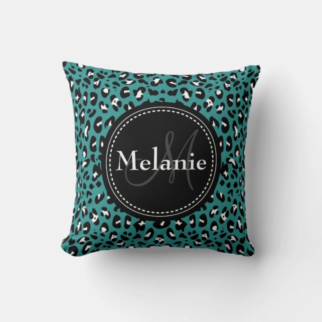 Monogrammed Teal Black White Leopard Pattern Throw Pillow (Front)