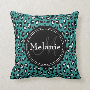 Monogrammed Teal Black White Leopard Pattern Throw Pillow