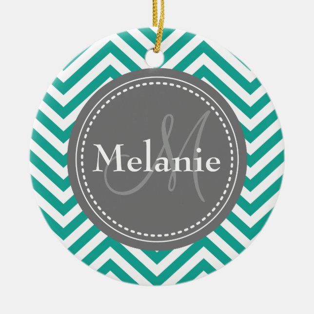 Monogrammed Teal Blue & Grey Zigzag Ceramic Ornament (Front)