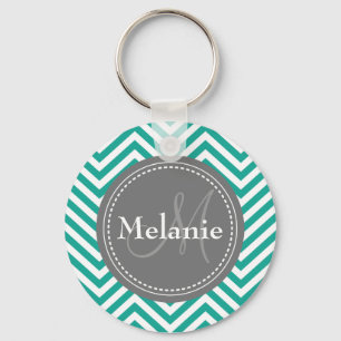 Monogrammed Teal Blue & Grey Zigzag Keychain