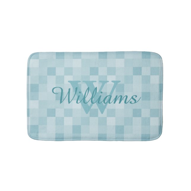Monogrammed teal blue mozaic tile pattern bath mat (Front)