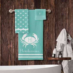 Monogrammed Teal Blue White Crab Nautical Bath Towel Set