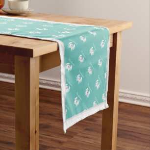Monogrammed Teal Blue White Crab Nautical Short Ta Table Runner
