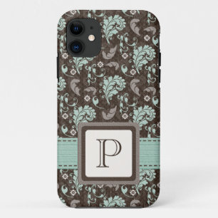 Monogrammed Teal Brown Damask iPhone 11 Case