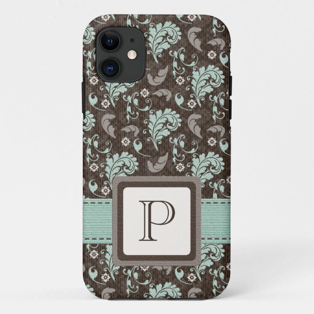 Monogrammed Teal Brown Damask Case-Mate iPhone Case (Back)